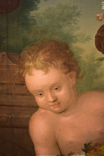 Natura Morta di fiori con Putto e Fontana